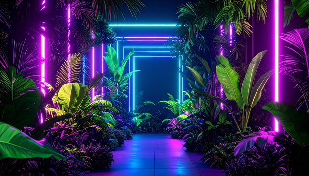 Futuristic garden background with glowing leaves, neon flora, and digital glitch effects, sci-fi abstract style in deep purples and greens