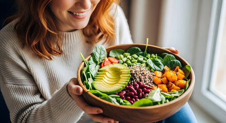 Woman Holding Healthy Vegetarian Salad Bowl