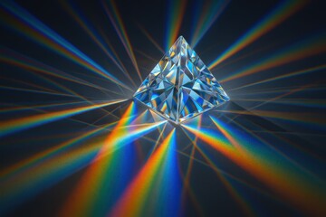 Prismatic crystal displaying rainbow spectrum refraction with geometric light patterns creating mesmerizing optical art effects