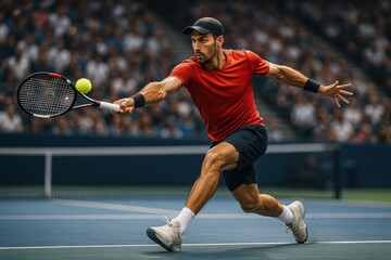 Professional tennis player executing powerful forehand stroke captured in dynamic action during competitive match