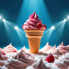 Delicious pink raspberry swirl soft serve ice cream in waffle cone with fresh berries on a dramatic stage with spotlight beams and a colorful background