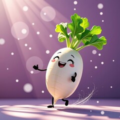 Cute cartoon radish character with smiling face dancing on purple background with light bubbles and sparkles, cheerful fresh vegetable mascot illustration