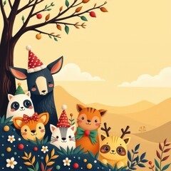 Cute cartoon animals with holiday hats including cat dog bear bunny and fox in a scenic autumn landscape with trees and mountains in the background
