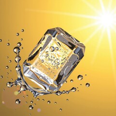 Close-up of a transparent ice cube with water droplets splashing on a vibrant yellow background under sunlight, highlighting clarity, refraction, and freshness