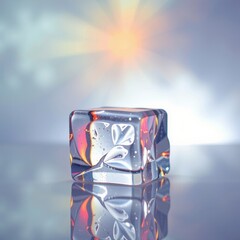 Close-up of a transparent ice cube with water droplets on surface, colorful abstract bokeh background with sun flare and reflections on smooth reflective surface
