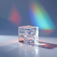 Close-up of a transparent glass cube with water and light reflections creating rainbow and prism effects on a smooth surface, colorful optical illusion and abstract art
