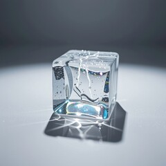 Close-up of a transparent ice cube with detailed textures and reflections on a smooth surface under soft lighting with a blurred background