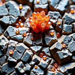 Close-up of a glowing orange geometric candle surrounded by black volcanic rocks with small reflective golden beads on a dark background