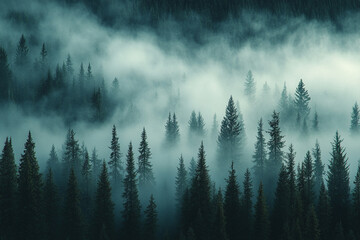 Tall Trees Disappearing into Thick Mist in Tranquil Forest

