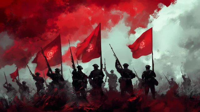 Revolutionary Protesters Holding Red Flags Under Stormy Skies