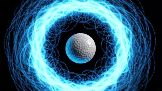 Animated golf ball surrounded by abstract glowing blue energy and particles on a black background 4K Ai HD video.

