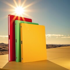 Brightly Colored Notebooks in a Desert Landscape Under Sunny Sky with and Sun Flare for Creative Stationery, Office Supplies, and Artistic Workspace Themes