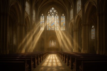Obraz premium Sacred cathedral interior with divine sunlight streaming through magnificent stained glass windows