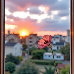 Beautiful sunset view through a smartphone screen with a blooming pink flower in the foreground captu vibrant colors and peaceful scenery