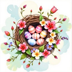 Beautifully decorated with colorful Easter eggs surrounded by blooming flowers and green foliage on a light pastel background, festive sp theme