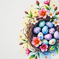Beautiful Easter filled with pastel decorated eggs surrounded by vibrant pink and white flowers and green leaves, on a clean white background