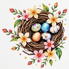 Beautiful Easter Easter eggs in a surrounded by colorful blooming flowers and fresh green leaves for sp celebration and holiday decoration