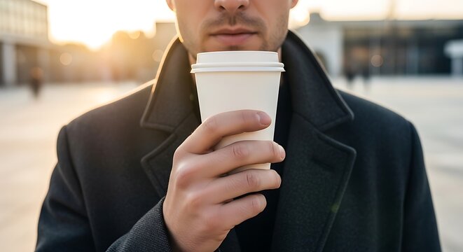Stylish Man with a Coffee Cup Mockup in Cityscape Urban Lifestyle Concept
