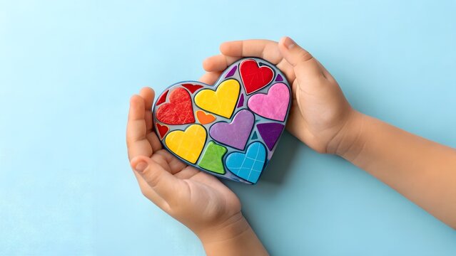 Colorful Heart in Child's Hands: Symbol of Autism Awareness, Neurodiversity, and Inclusion