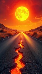 A cracked asphalt road melts under the scorching summer sun, heat waves shimmering above the surface Dry grass and parched earth signal a dangerous, extreme heatwave , landscape, heat