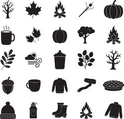 Collection of autumn fall season icons and symbols silhouette