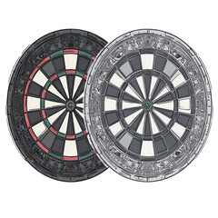 Two dartboards, one dark, one light gray, overlapping