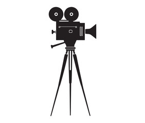 Silhouette of an old movie camera on a tripod. Vintage movie camera on tripod silhouette.