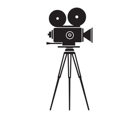 Obraz premium Silhouette of an old movie camera on a tripod. Vintage movie camera on tripod silhouette.