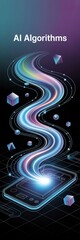 Futuristic digital concept with glowing AI algorithms and smartphone interface, representing advanced technology.