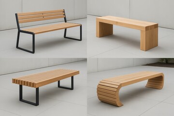 Contemporary outdoor furniture collection featuring modern bench designs in various architectural styles
