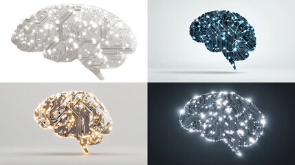 Four stylized brain images, each a circuit board-like structure with glowing points, representing artificial intelligence or neural networks.  Variations in color and background shade