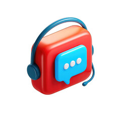 3D icon of a red square with a light blue speech bubble and dark blue headset, representing customer support or communication