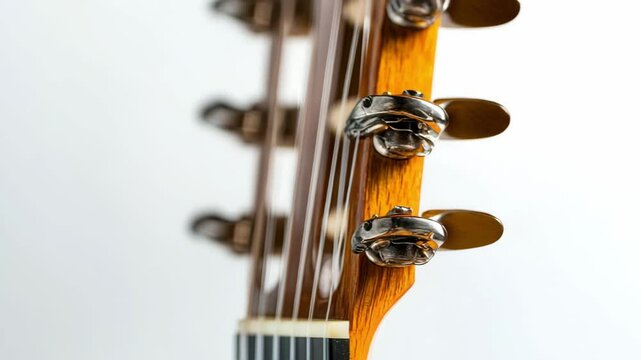 Guitar headstock featuring tuning pegs and strings, highlighting craftsmanship and detail, ideal for music lovers and instrument enthusiasts