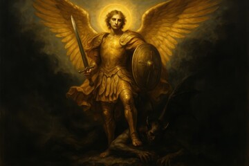 Fototapeta premium Archangel Michael with golden armor and wings protecting against darkness
