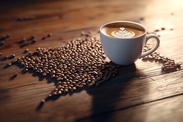 A perfectly poured latte with intricate foam art sits among a scattering of freshly roasted coffee beans on a rustic wooden table creating a cozy and inviting atmosphere