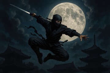 Obraz premium Fierce Ninja Warrior in Traditional Black Outfit Performing Acrobatic Leap Against Moonlit Sky