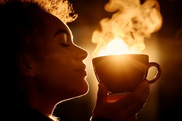 A person s silhouette taking a moment to savor the warmth and aroma of a steaming mug of coffee a soothing and comforting ritual in the quiet solitude