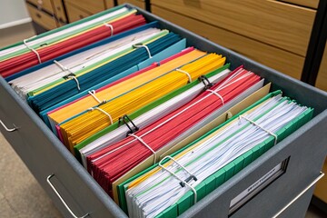 Fototapeta premium Organized filing cabinet with colorful folders representing various documents and tasks