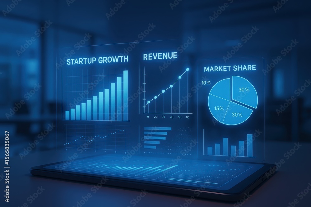 Poster holographic business presentation emerging from modern tablet device with startup growth metrics flo