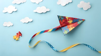 Colorful Puzzle Piece Paper Airplane Symbolizing Autism Awareness and Neurodiversity