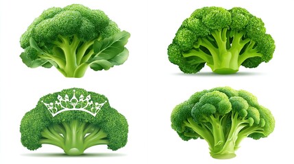 A set of crisp green broccoli florets, one wearing a crown, against a white background