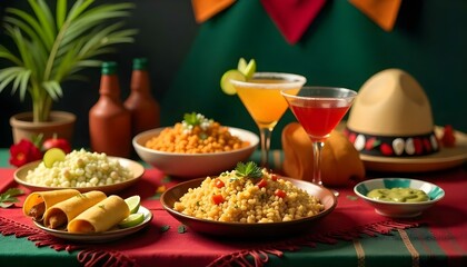 A celebratory table displaying Mexican food and drinks, decorated with flags for Mexico's Independence Day festivities