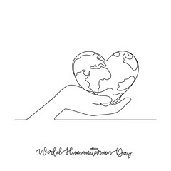 One continuous line drawing of World Humanitarian Day vector illustration. World Humanitarian Day themes design concept in simple linear continuous line. This design suitable for earth campaign.