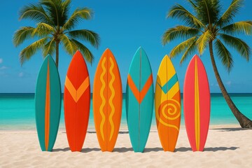Colorful vintage surfboards lined up on tropical beach with turquoise waters