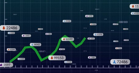Capsule marker starting green trend line rising with icons representing data on blue grid dashboard - Powered by Adobe
