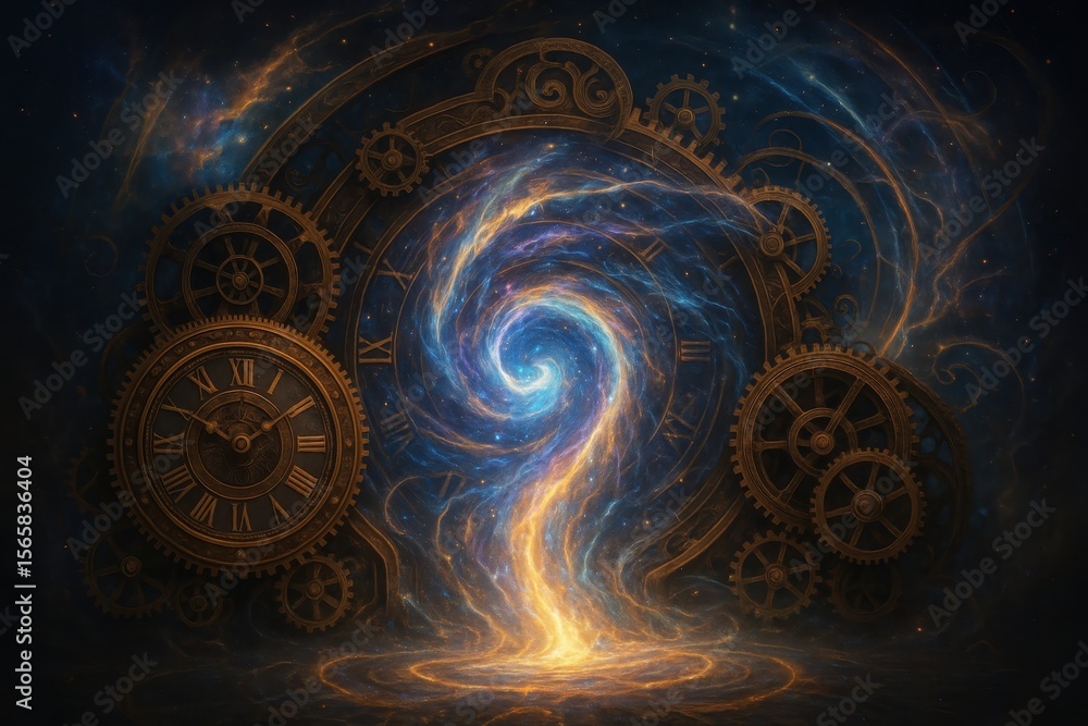 Poster mystical time portal with swirling cosmic energy and ancient clockwork mechanisms in ethereal space