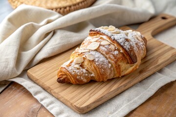 Freshly baked almond croissant on a wooden board with a soft linen backdrop