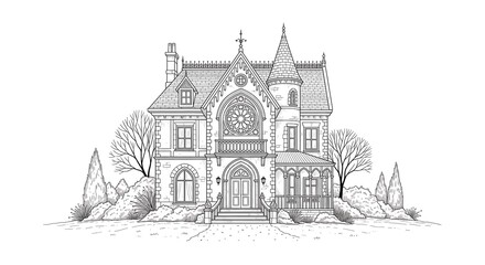 Obraz premium Detailed black and white line art illustration of a Victorian-style house with architectural elements, surrounded by trees and shrubs.