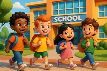 Diverse group of animated school children with backpacks walking toward modern school building