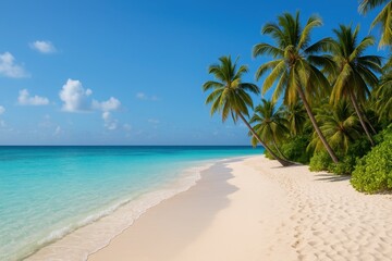 Obraz premium Pristine tropical beach paradise with crystal clear turquoise waters and white sand coastline